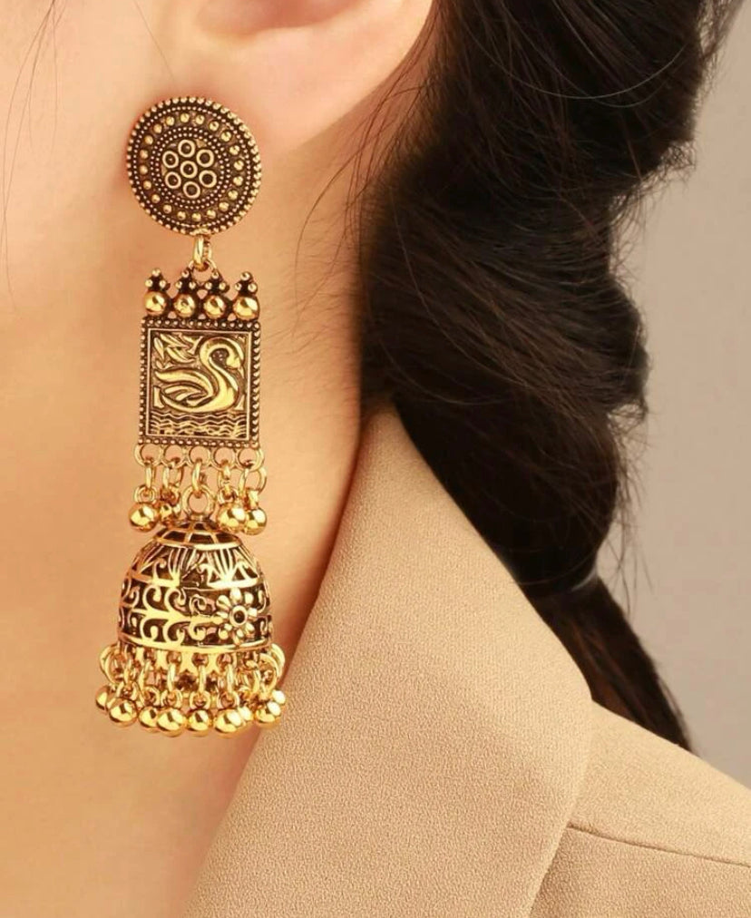Trendy Bolly Wood Oxidized Gold Filled Handmade Stud Earrings, Gypsy Jhumka Jewelry for Women Girls,