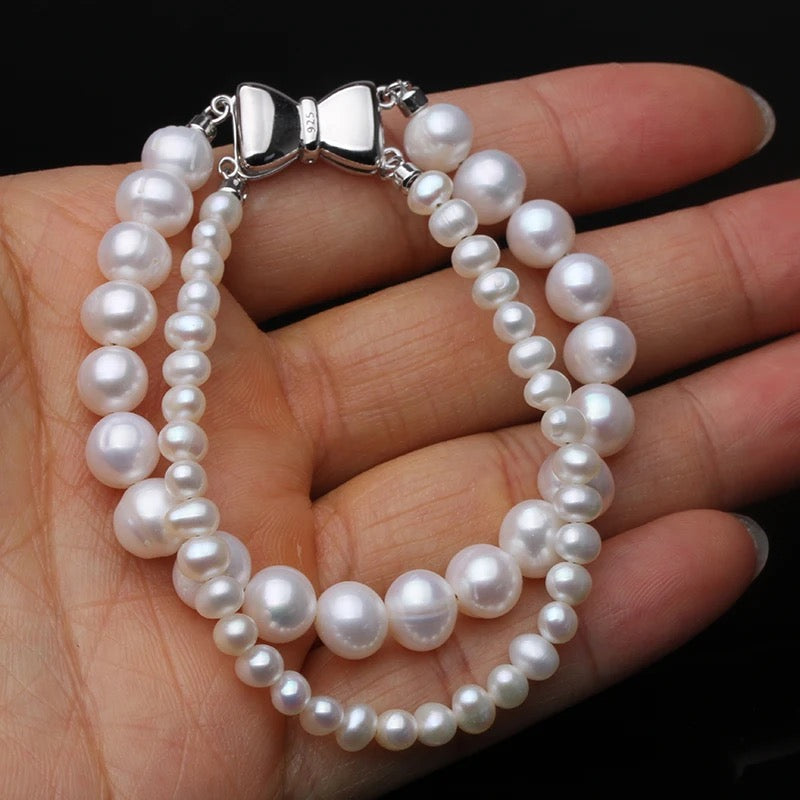 Wedding Round Natural Freshwater Double Pearl Bracelet Women,White Fashion Cute 925 Silver Bracelet Anniversary Gift