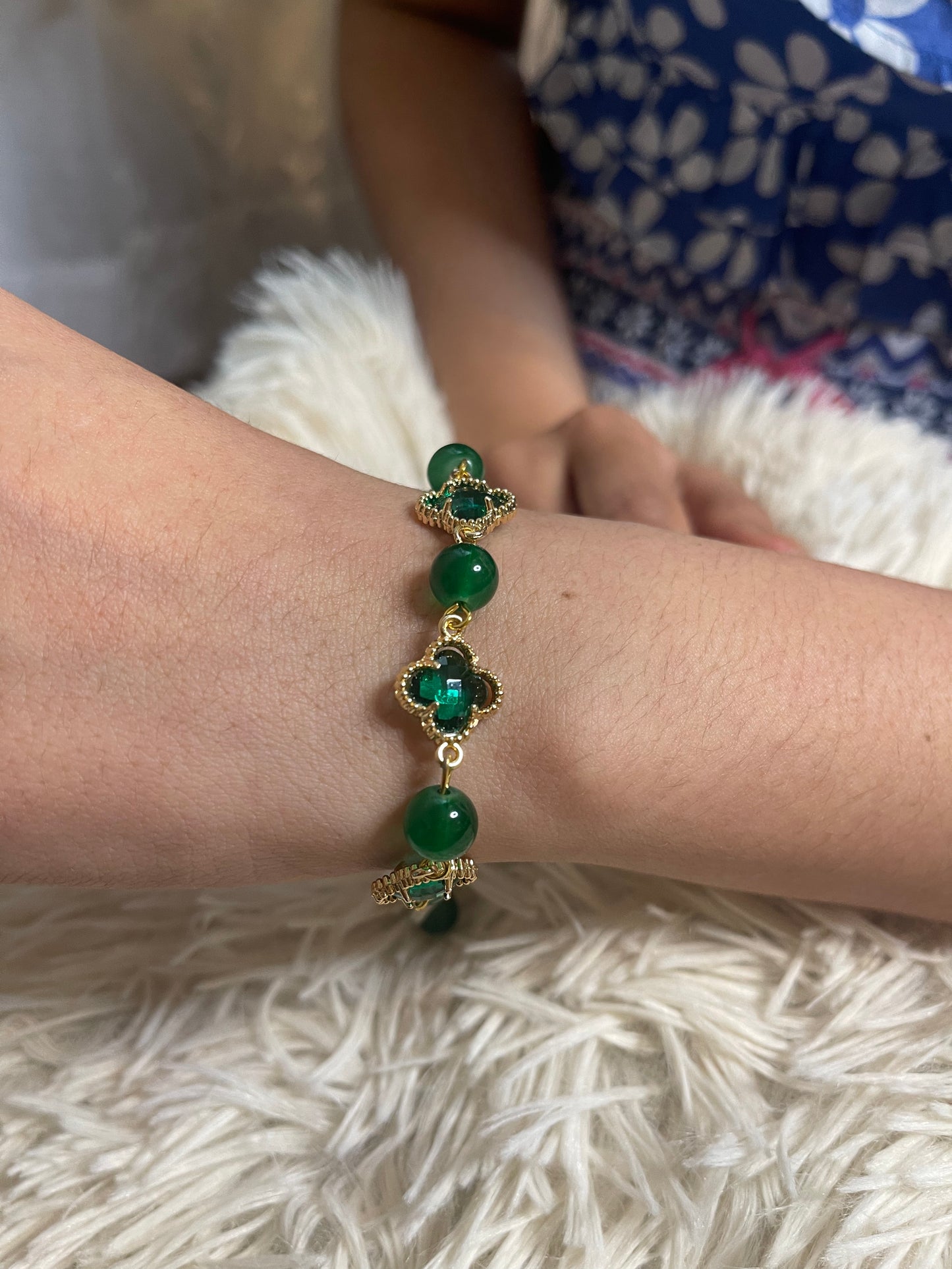 Green Jade Bracelet With Chrysoprase Four Leaf Clover, Green Aventurine Four Leaf Clover Bracelet