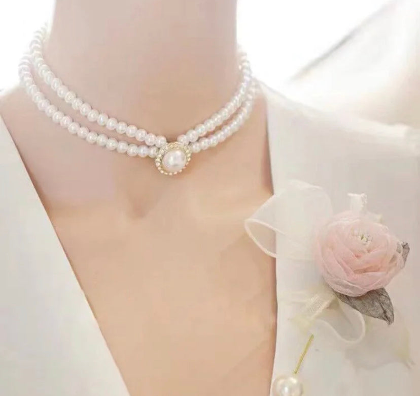Women Elegant Pearl Double Layers Necklace Earrings