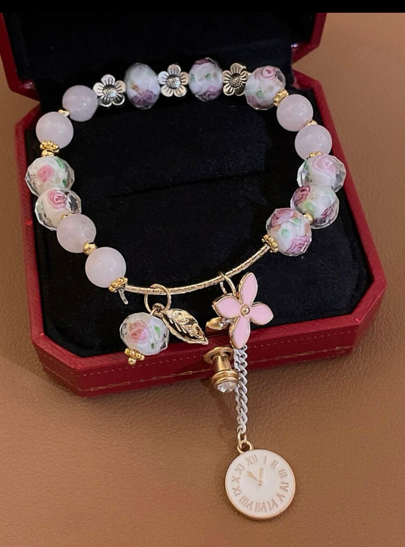 Pink Flower charm beaded bracelet