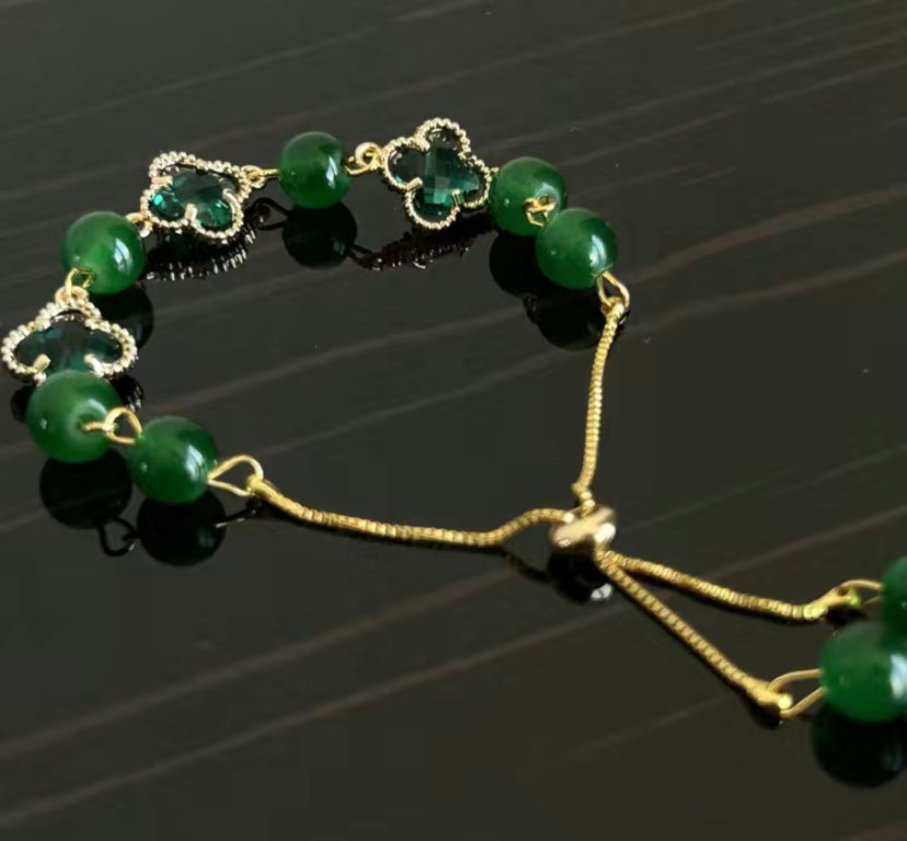 Green Jade Bracelet With Chrysoprase Four Leaf Clover, Green Aventurine Four Leaf Clover Bracelet