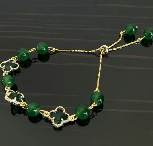 Green Jade Bracelet With Chrysoprase Four Leaf Clover, Green Aventurine Four Leaf Clover Bracelet