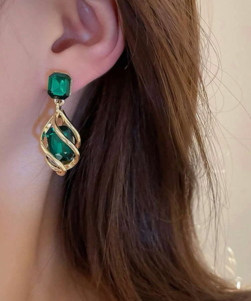 Geometric green gemstone and diamond drop earrings