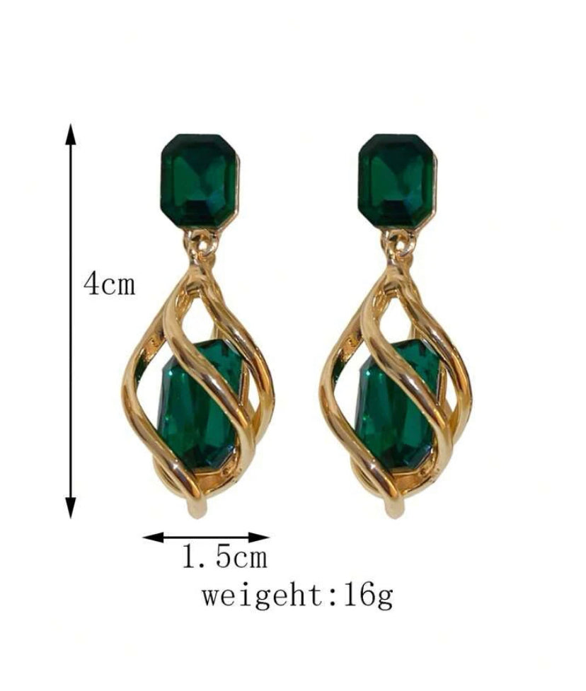 Geometric green gemstone and diamond drop earrings