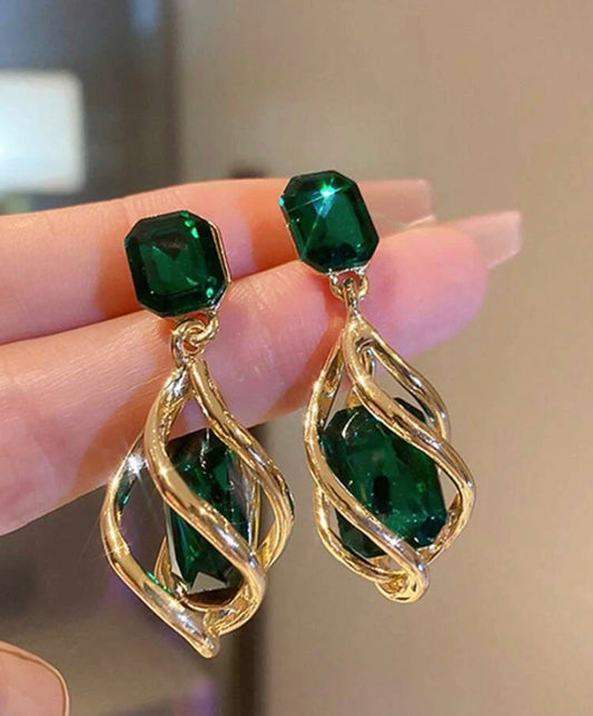 Geometric green gemstone and diamond drop earrings