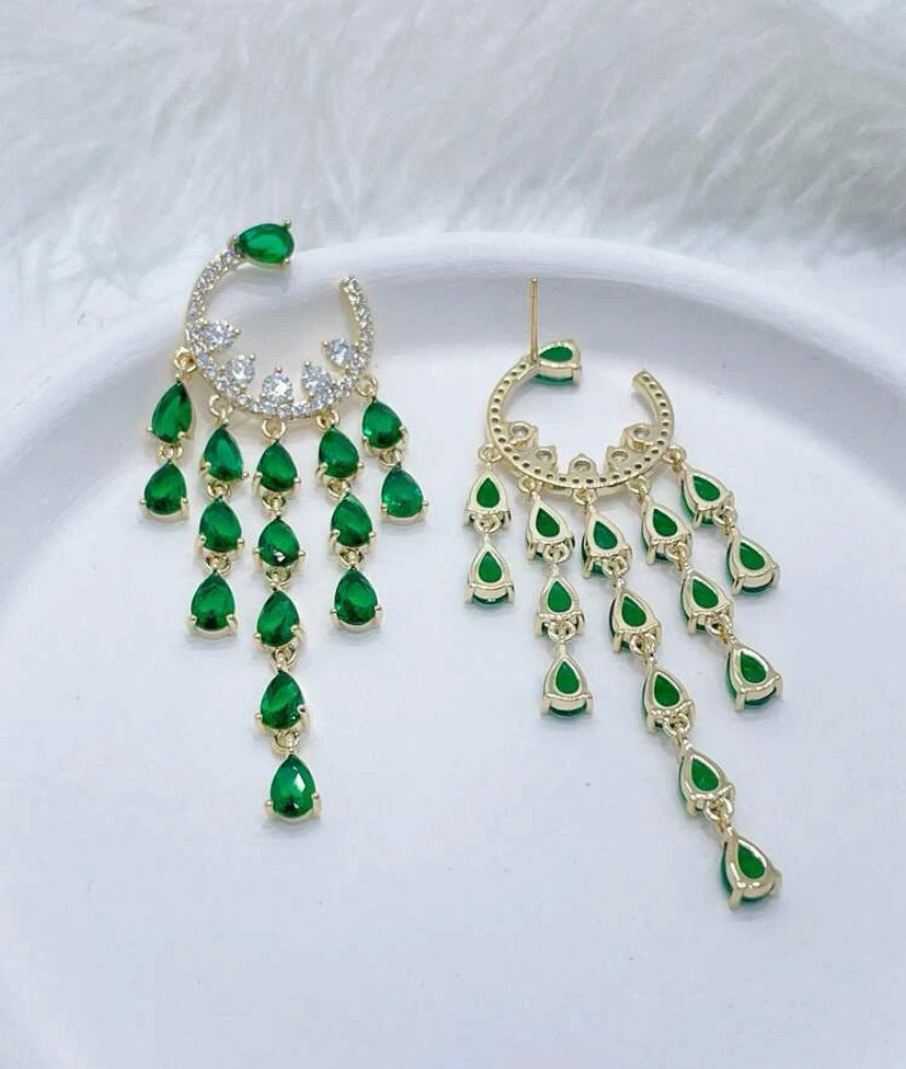 Emerald Vintage moon style Dropper Earrings | Crystal Statement Earrings | Silver Plated | Vintage Earrings | Red Carpet Earrings