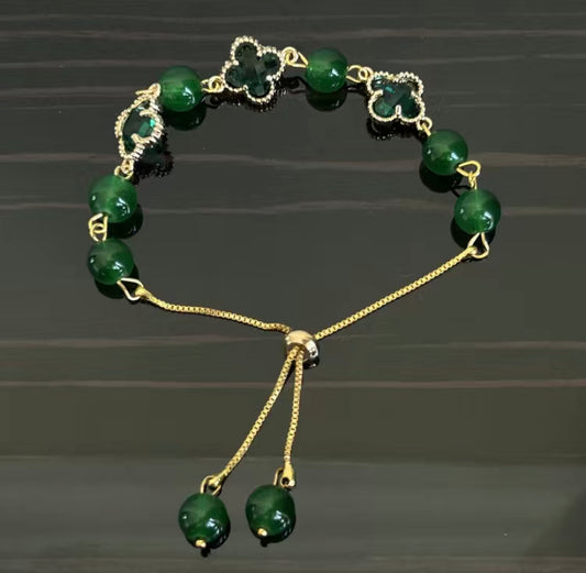 Green Jade Bracelet With Chrysoprase Four Leaf Clover, Green Aventurine Four Leaf Clover Bracelet