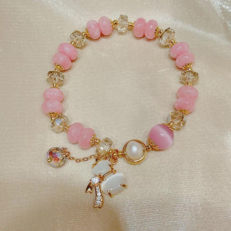 Lucky Gourd Cats Eye Stone Pink Crystal Beaded Bracelets