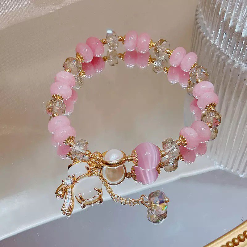 Lucky Gourd Cats Eye Stone Pink Crystal Beaded Bracelets