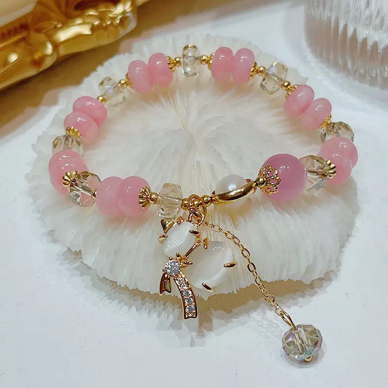 Lucky Gourd Cats Eye Stone Pink Crystal Beaded Bracelets