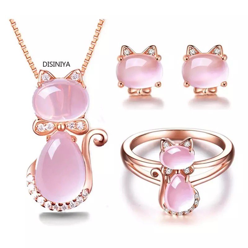 Cute Rose pink Opal kitty cat pendant Necklace for women, children.
