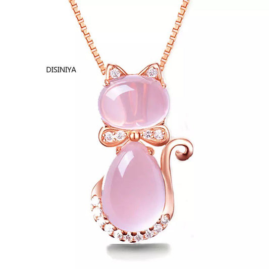 Cute Rose pink Opal kitty cat pendant Necklace for women, children.