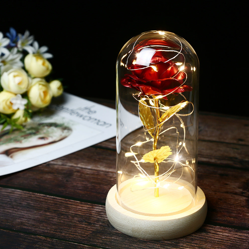 Cross-border Immortal Flower Red Foil Rose Glass Cover Luminous Led Light  Valentine's Day Gift
