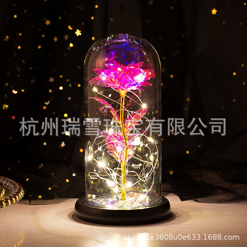 Cross-border Immortal Flower Red Foil Rose Glass Cover Luminous Led Light  Valentine's Day Gift