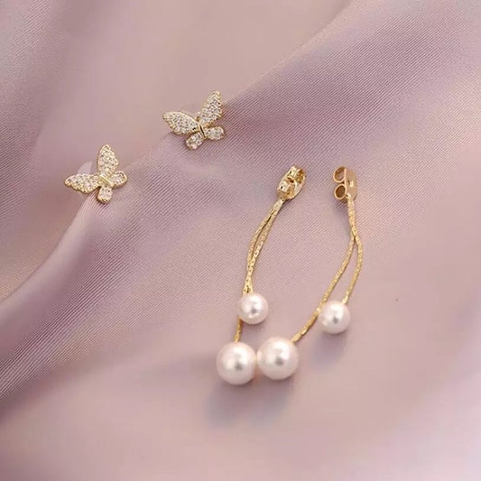 Elegant butterfly long pearl crystal earrings.