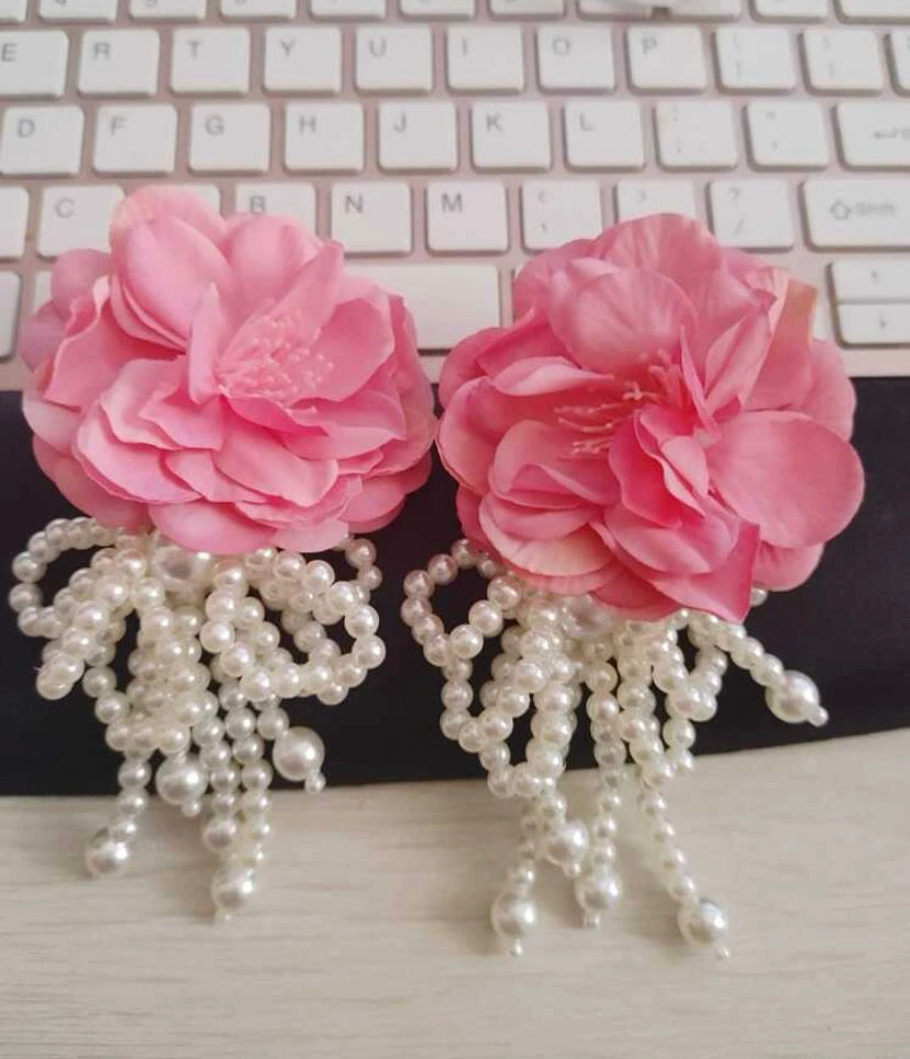 Pink flower with real pearl earrings