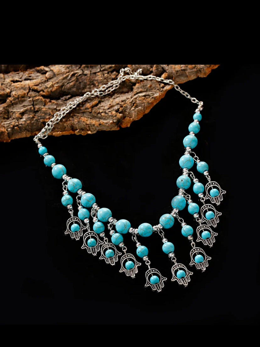 Hand Alloy Pendants Necklace Collier Femme Women's Vintage Turquoises Statement Jewelry Gifts