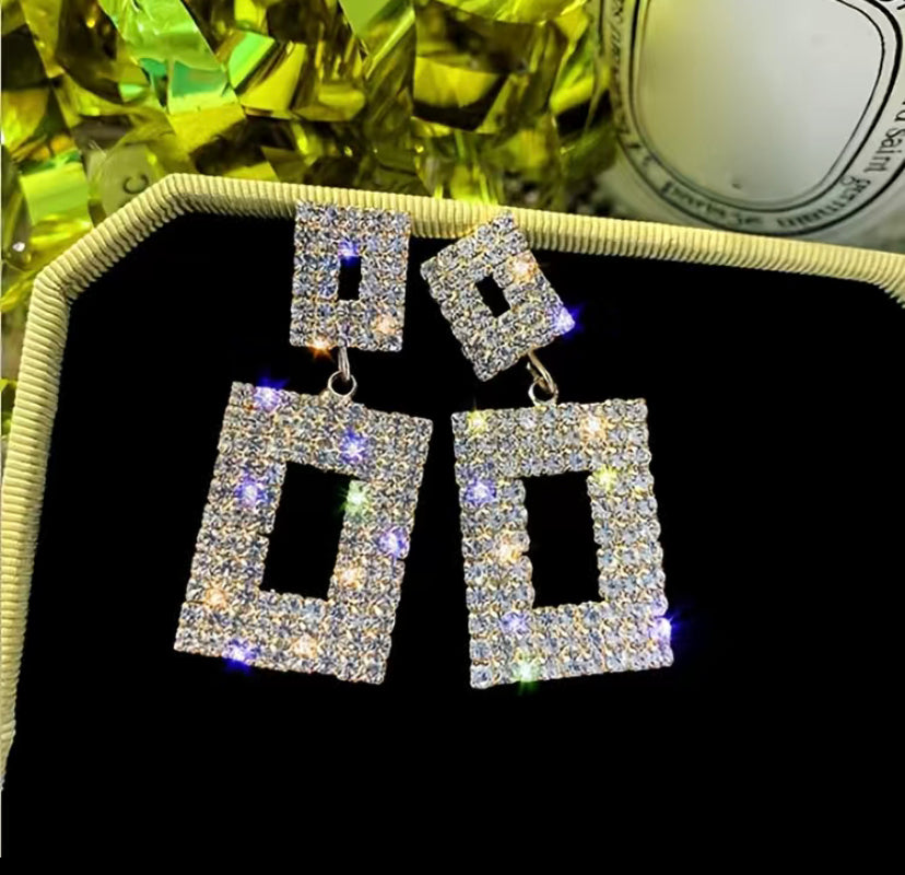 Glitter Rhinestone Geometric Square Stud Earrings Drop Earrings Wedding Crystal Earrings