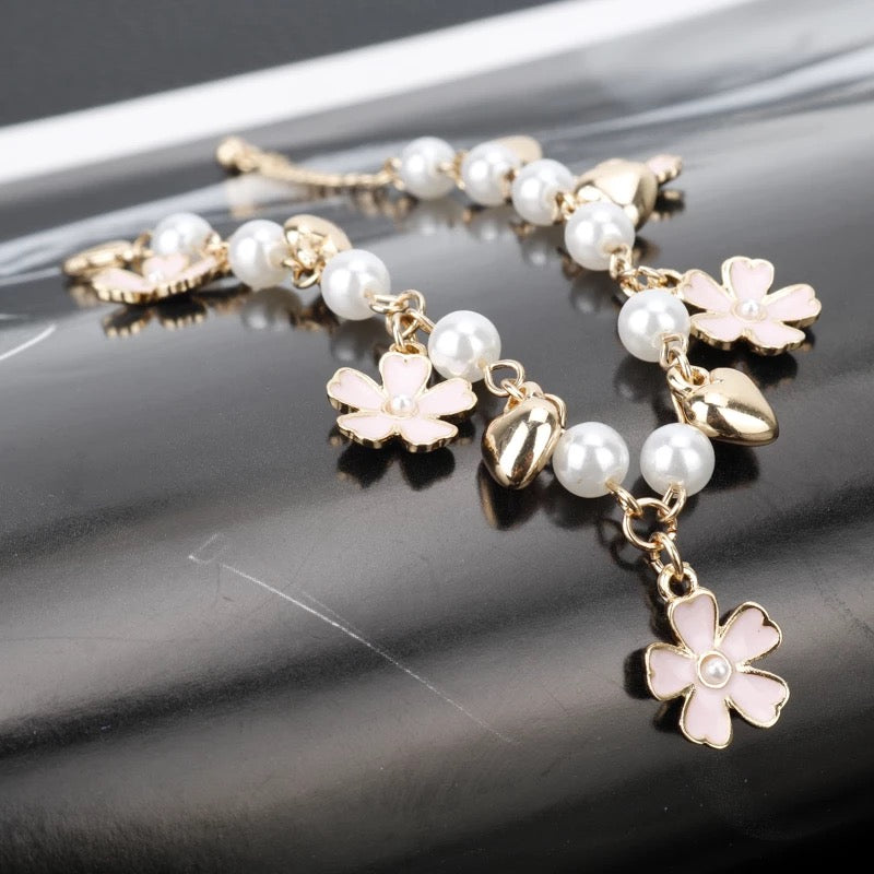 Pink Cherry Blossom Crystal Charm Sukura Cherry Flower Pendant Pearl Bracelets Gift For Women