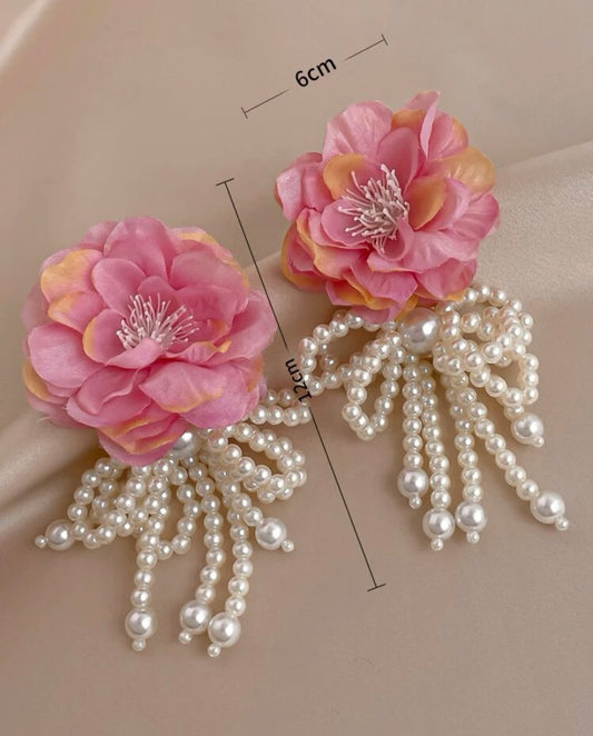 Pink flower with real pearl earrings