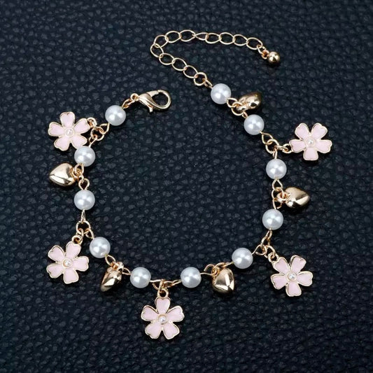 Pink Cherry Blossom Crystal Charm Sukura Cherry Flower Pendant Pearl Bracelets Gift For Women