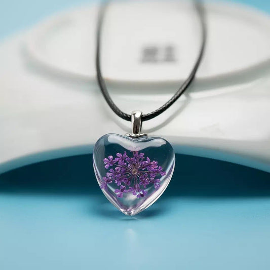 Peach heart Dandelion Glass Pendant Necklace
