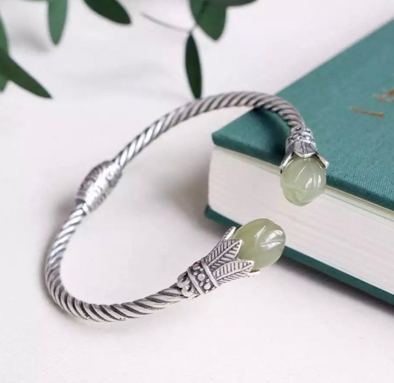 Natural Hetian Jade Gray Jade Magnolia Bracelet for women. Jade Bracelet Simple Light For women.