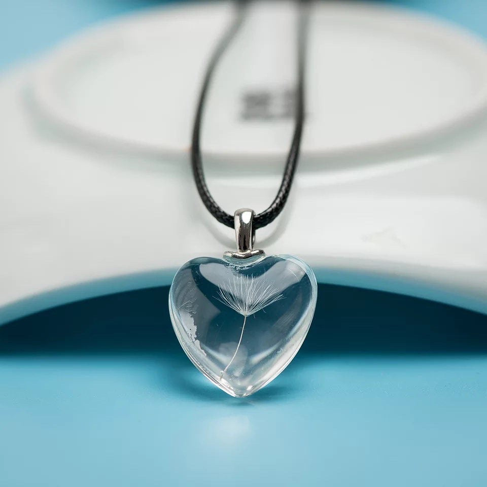 Peach heart Dandelion Glass Pendant Necklace