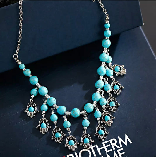 Hand Alloy Pendants Necklace Collier Femme Women's Vintage Turquoises Statement Jewelry Gifts