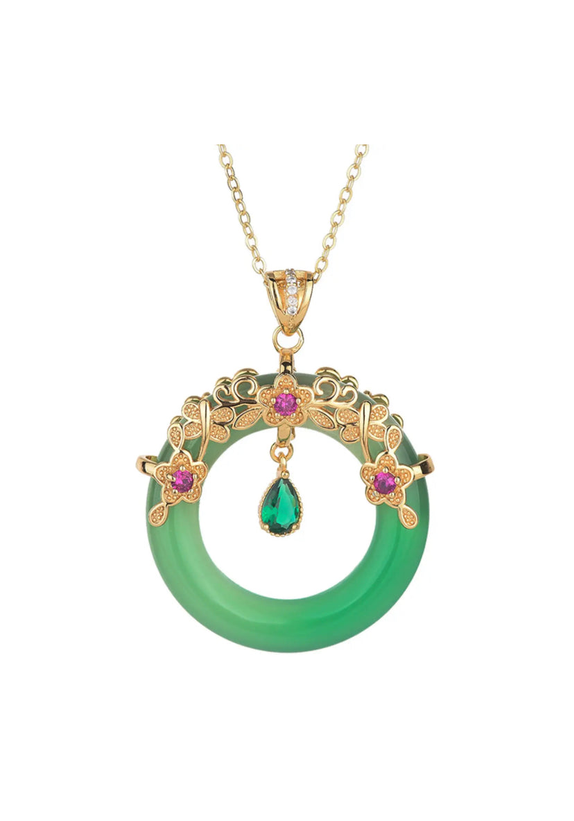 Jade Crystal Pendant Necklace Charm 18K Gold Plated Donut Ring Dainty Gemstone