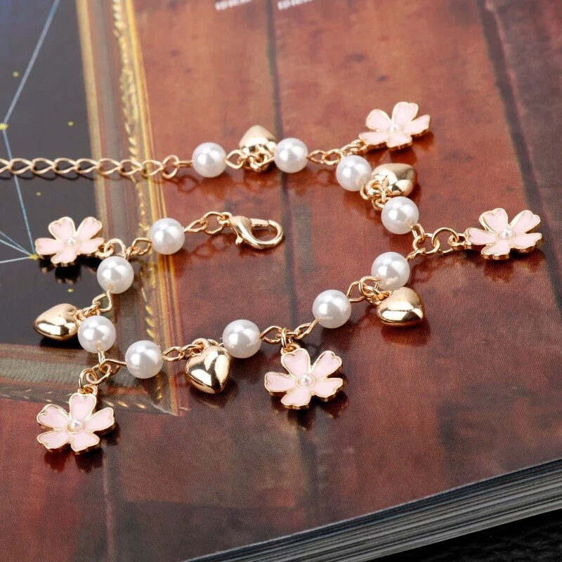 Pink Cherry Blossom Crystal Charm Sukura Cherry Flower Pendant Pearl Bracelets Gift For Women