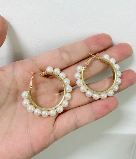 Large cute pearl hoop earrings