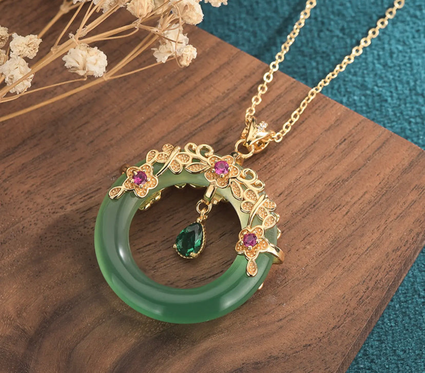 Jade Crystal Pendant Necklace Charm 18K Gold Plated Donut Ring Dainty Gemstone