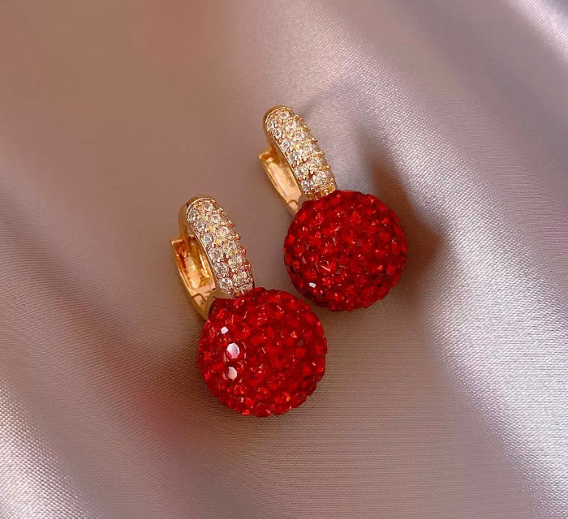 Luxury Red Zircon Setting Ball Dangle Earrings For Women Exquisite Gold Color U Shaped Crystal Drop Earring Party