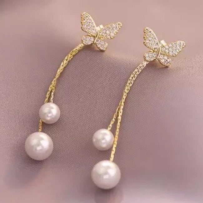 Elegant butterfly long pearl crystal earrings.